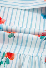 Stripe Floral Pattern Ruffle Short Sleeve Belted Mini Dress Woman Casual Dress