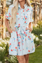 Stripe Floral Pattern Ruffle Short Sleeve Belted Mini Dress Woman Casual Dress