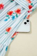 Stripe Floral Pattern Ruffle Short Sleeve Belted Mini Dress Woman Casual Dress