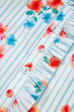 Stripe Floral Pattern Ruffle Short Sleeve Belted Mini Dress Woman Casual Dress