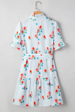 Stripe Floral Pattern Ruffle Short Sleeve Belted Mini Dress Woman Casual Dress