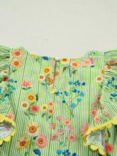 A vibrant green stripe floral ruffle short sleeve blouse with vertical stripes and colorful pink yellow blue flowers