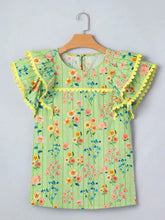 A vibrant lime green ruffle short sleeve blouse with stripe floral pattern and yellow ruffled sleeves for children