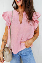 Pink and white striped double ruffled short sleeve blouse with frilly split neck detail for casual wear