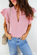 Pink and white striped double ruffled short sleeve blouse with v-neckline and stripe frilly design