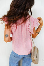 Pink and white striped double ruffled short sleeve blouse with split neck and frilly design for stylish wear