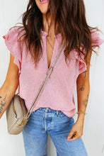 Pink and white striped double ruffled short sleeve blouse with frilly split neck design for stylish casual wear