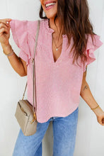 Pink and white striped double ruffled short sleeve blouse with v neckline and frilly split neck detail