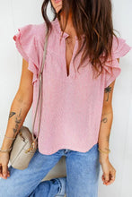 Pink and white striped double ruffled short sleeve blouse with frilly sleeves and split neck detail