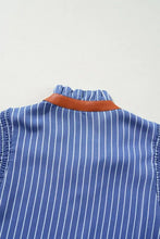 Stripe Frilly Split Neck Shirred Ruffle Sleeve Short Shift Dress Casual Dresses