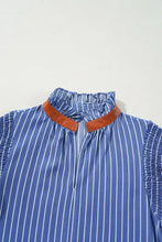 Stripe Frilly Split Neck Shirred Ruffle Sleeve Short Shift Dress Casual Dresses