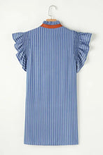 Stripe Frilly Split Neck Shirred Ruffle Sleeve Short Shift Dress Casual Dresses