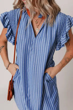 Stripe Frilly Split Neck Shirred Ruffle Sleeve Short Shift Dress Casual Dresses