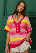 Stripe Hacci Button Short Sleeve Pink and Yellow Shirt for Women FUCHSIA YELLOW