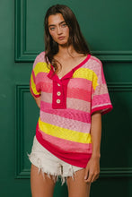 Stripe Hacci Button Short Sleeve Pink and Yellow Shirt for Women