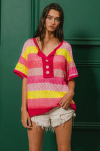 Stripe Hacci Button Short Sleeve Pink and Yellow Shirt for Women