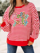 Red and white striped holiday sweatshirt with holly jolly sequins in slightly stretchy material machine wash cold