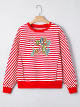 Red and white striped holiday sweatshirt with holly jolly sequin embroidery in slightly stretchy material machine wash cold