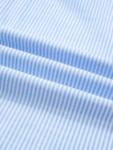 Light blue and white vertically striped cotton fabric on a short sleeve stripe leopard contrast collar shirt