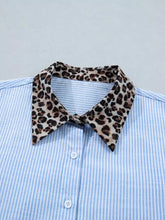 Short sleeve stripe leopard contrast collar shirt with leopard print collar on light blue and white stripes