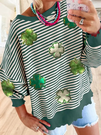 Stripe Lucky Clover Drop Shoulder Sweatshirt Dark Green Woman Sweatshirts
