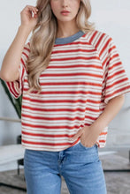 Stripe Print Contrast Short Sleeve T Shirt for Women Coral