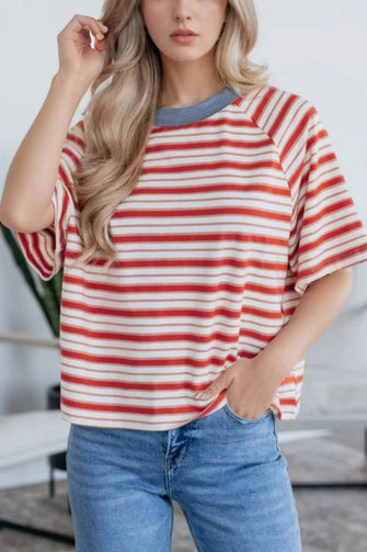 Stripe Print Contrast Short Sleeve T Shirt for Women Coral