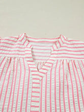 Pink and white vertically striped textured cotton blouse with v neckline and floral embroidered puff sleeves