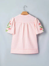 Pink and white striped short-sleeved blouse with floral embroidered puff sleeves and v neck design