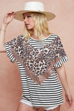 Stripe Rayon Span Knit Color Block Top with Leopard Sequin Detail Woman T Shirts