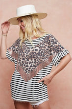 Stripe Rayon Span Knit Color Block Top with Leopard Sequin Detail