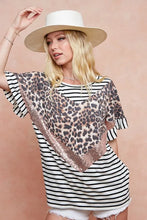 Stripe Rayon Span Knit Color Block Top with Leopard Sequin Detail IVORY BLACK