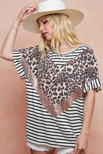 Stripe Rayon Span Knit Color Block Top with Leopard Sequin Detail