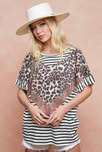 Stripe Rayon Span Knit Color Block Top with Leopard Sequin Detail Woman T Shirts