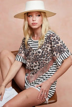 Stripe Rayon Span Knit Color Block Top with Leopard Sequin Detail Woman T Shirts