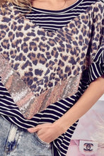 Stripe Rayon Span Knit Leopard Print Top with Sequin Detail