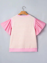 Pink and cream stripe ruffled short sleeve patchwork blouse with elegant ruffled sleeves for casual wear