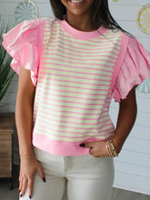 Pink and cream stripe ruffled short sleeve patchwork blouse with short sleeve patchwork design for casual wear