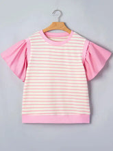 Pink and white stripe ruffled short sleeve patchwork blouse with short sleeve ruffled pink accents for casual wear