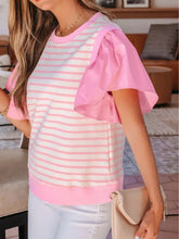 Pink and white stripe ruffled short sleeve patchwork blouse with short sleeve ruffle detail for casual wear