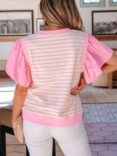 Pink and white striped ruffled short sleeve patchwork blouse with puffy sleeves perfect for casual wear