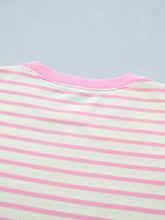 Pink and white horizontally striped cotton stripe ruffled short sleeve patchwork blouse with ribbed crew neck