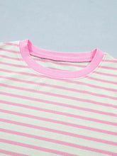 Pink and white striped cotton stripe ruffled short sleeve blouse with ribbed crew neck and short sleeve patchwork details