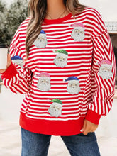 Red and white striped slightly stretchy christmas sweatshirt with sequin santa appliqués in various hat colors machine wash