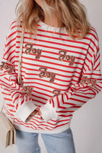 Red and white striped relaxed fit sweatshirt with stripe sequined joy embroidery and care instructions label visible