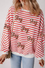 Red and white striped sweatshirt with relaxed fit and stripe sequined joy embroidery in sparkling gold sequins