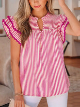 Pink and white striped short sleeve blouse with ruffled short magenta trimmed flutter sleeves and shirred yoke