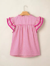 Pink and white striped short sleeve blouse with ruffled short sleeves made of soft cotton fabric for girls