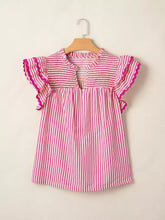 Pink and white vertically striped short sleeve blouse with ruffled short flutter sleeves and shirred yoke detail
