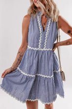 Stripe Sleeveless Notched Ric Rac Mini Dress Light Blue Casual Dresses